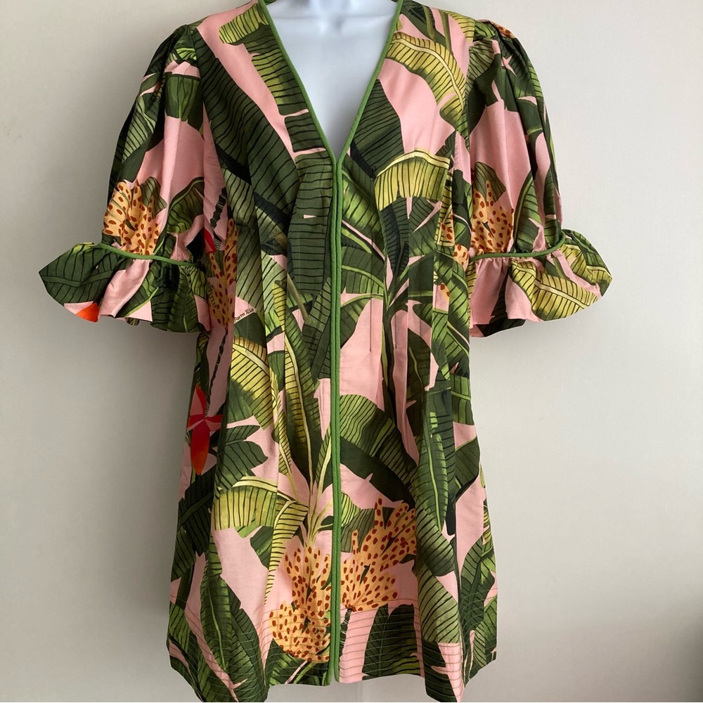 Farm Rio Banana Leaves Vibrant Tropical Print V Neck Mini Dress, NWT Sz L